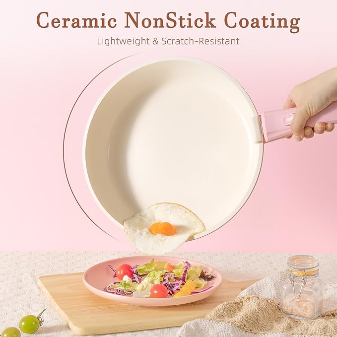 Astercook 20 Pcs Ceramic Pots and Pans Set Nonstick Cookware Set with Detachable Handles Oven Safe to 480°F Induction Compatible Stackable RV Kitchen Cooking Set Pink