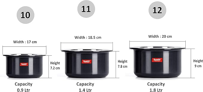 Sumeet Aluminium Cookware Set With Lid 0.9 LTR 1.4 LTR 1.8 LTR 3 Piece top 3 piece lid (Black)