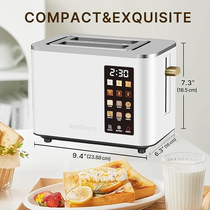 2-Slice Toaster with Touch Control 6 Shade Settings &amp 6 Bread Type 900W Removable Crumb Tray Countdown Display Smart Stainless Steel Design White