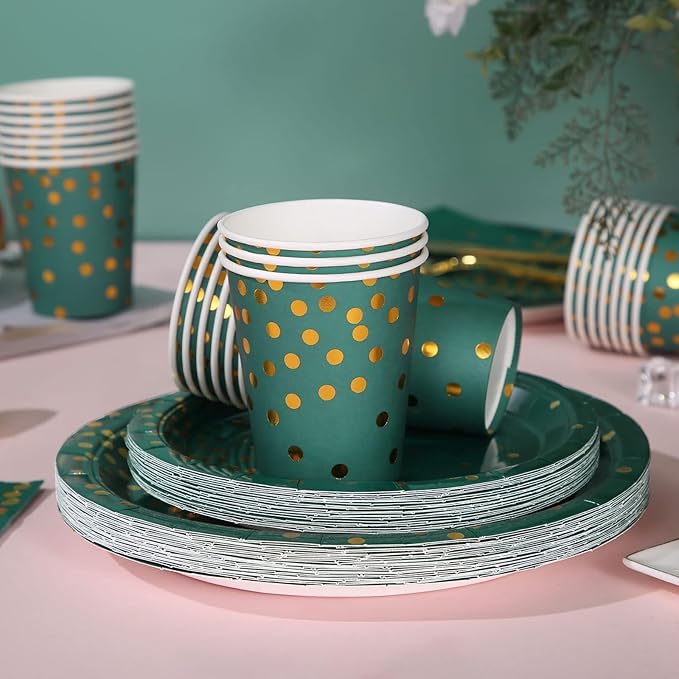 175Pcs Green Plates and Napkins Party Supplies Green and Gold Party Decorations for Birthday Graduation Party Decorations Serve 25
