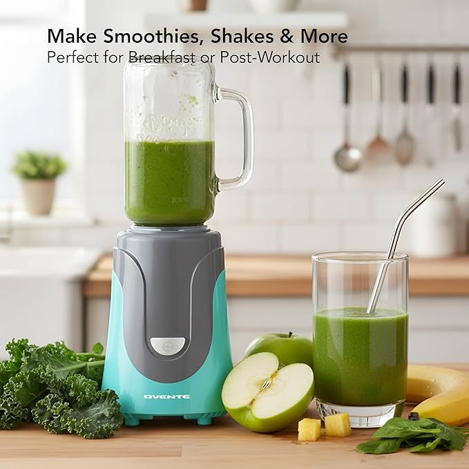 OVENTE Retro Personal Blender and Smoothie Maker with 18 Oz Mason Jar 300W Base Stainless Steel Blades BPA-Free and Dishwasher Safe Container Includes Reusable Straw and Lid Turquoise BLH1002T