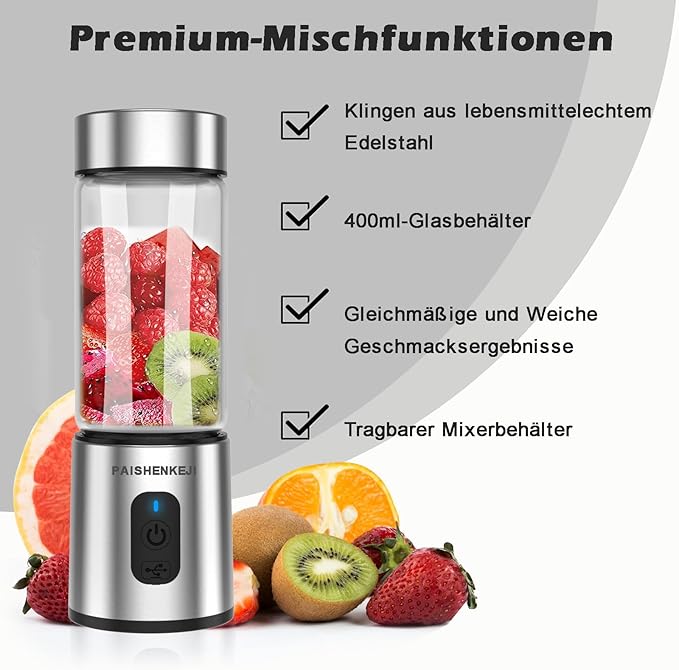 Glass Portable Blender Smoothies: Mini Personal Blender Shakes and Smoothies Small USB Rechargeable Baby Food Travel Beach Office Sports Kitchen Gym Use