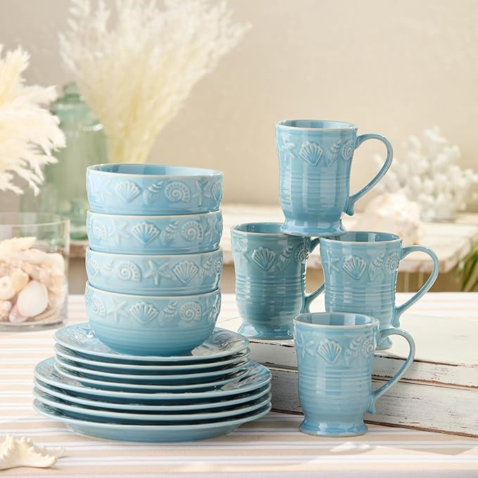 Coastline Blue 16-Piece Stoneware DINNERWARE SETSERVICE for 4with embossed coastal shells and starfish durable sea-blue tableware for relaxed coastal living everyday meals