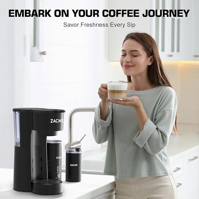ZACME 4IN1 Single Serve Coffee Maker with Milk Frother &amp Grinder Small Coffee Machine for K Cup &amp Ground 28oz Water Tank 6 to 14 oz Brew Sizes Self-cleaning Function Adjustable Drip Tray