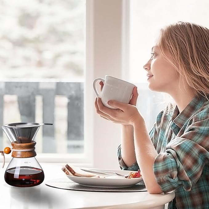 Wood Neck Pour Over Coffee Maker with Stainless Steel Filter 400ml(13oz) Glass Coffee Pot Drip Coffee Brewer for Home Cafe Camping Gift - Permanent Reusable Filter No Paper Needed(400ml)