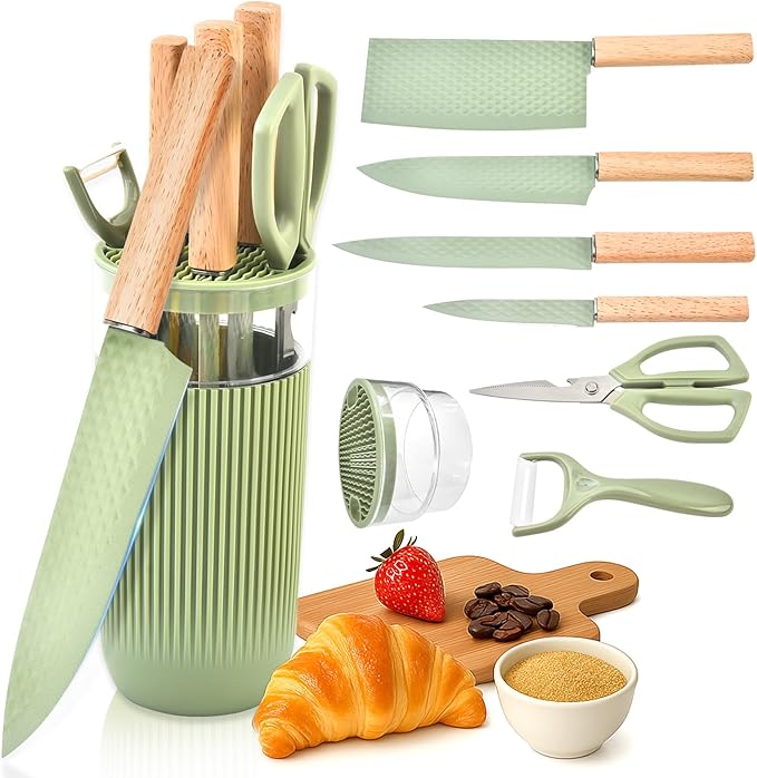 Knife Set 7-Piece Kitchen Knife Set with Sharp Chef and Meat Knives Anti-Rust Utility Knives Set for Kitchen Kitchen Knife Block Set （Green）