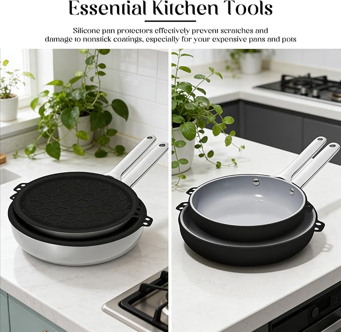 3 Piece Set Silicone Pan Protectors (Includes 81012) Pan Separators for Stacking Compatible with Hexclad Tfal All-Clad Nonstick Frying Pans and More Cookware Protector Dishwasher Safe Black