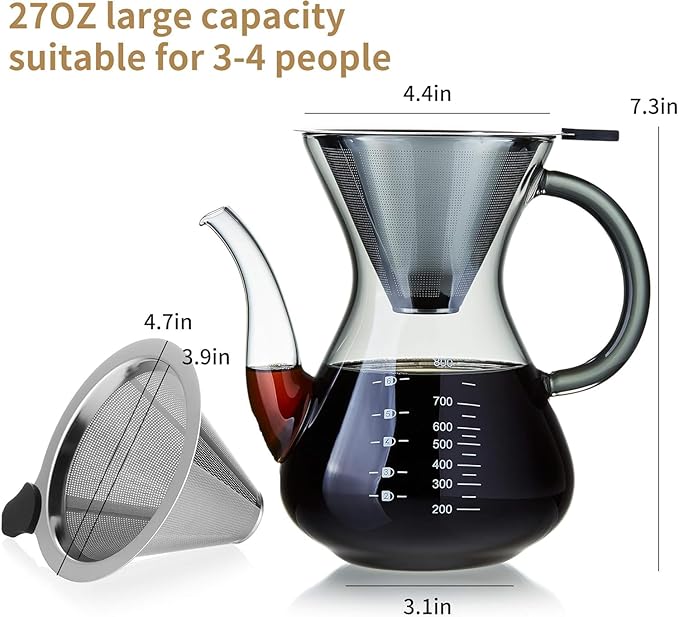 Unbreakable - Pour Over Coffee Maker with Double Stainless Filter 27 fl oz Thickened Heat-Resistant Borosilicate Glass Pour Over Coffee Dripper Stovetop Safe