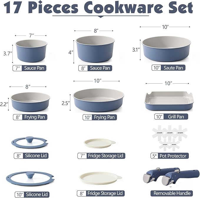 SENSARTE 17 Piece Ceramic Pots and Pans Set Nonstick Detachable Handle Cookware Induction Kitchen Cookware Set with Removable Handle Dishwasher ＆ Oven Safe (Navy)