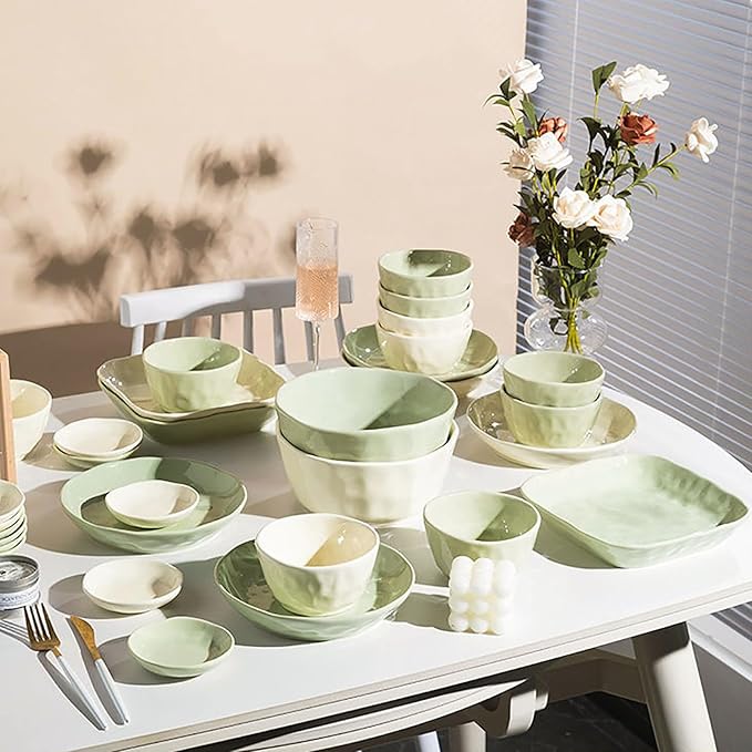 43/57 Pieces Bowls and Plates Set Cream Style Dinner Set Stackable Dishes Sets Dishwasher Safe Dinnerware Sets Easy to Heat Microwave and Oven Safe Two Colors Mix and Match Service for 8/10 Peoples(57
