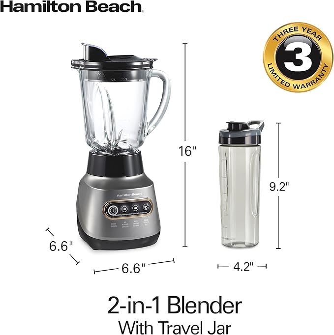 Hamilton Beach Wave Action Blender for Smoothies Stainless Steel Ice Sabre Blades 40oz Glass Jar 20oz Blend-In Portable Travel Jar 800 Watts Quiet Design Gray (58181)