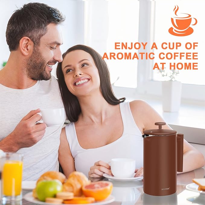 Secura French Press Coffee Maker 304 Grade Stainless Steel Insulated Coffee Press with 2 Extra Screens 34oz (1 Litre) Coffee