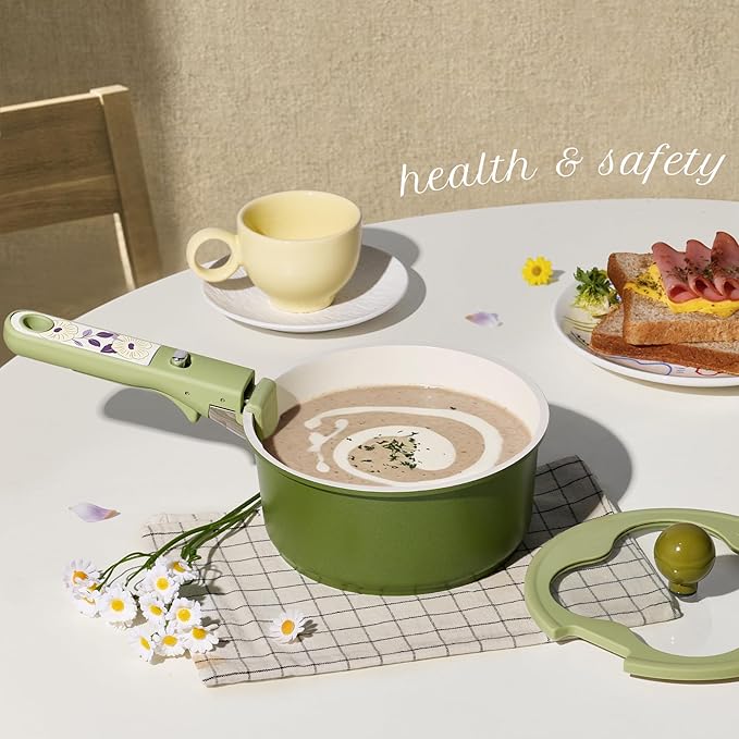 CAROTE 11pcs Ceramic Cookware Set Pots and Pans Set Non stick Induction Kitchen Cookware with Removable Handle RV Dishwasher ＆ Oven Safe RV/Camping Cookware PFOA Free Green