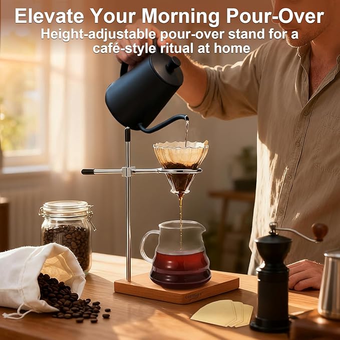 Pour Over Coffee Stand with Solid American Cherry Base Height Adjustable Coffee Dripper Stand Wooden Brewing Station for V60 Elegant Gift for Home Barista &amp Kitchen Décor