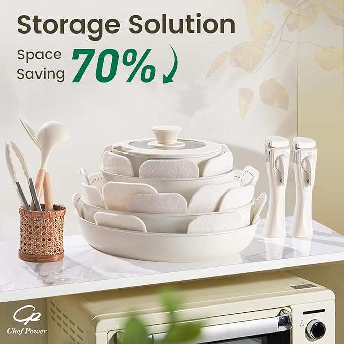 Chef Power Ceramic Cookware Set Non Toxic with Detachable Handles Healthy Nonstick Pans and Pots Set 19 Pcs Induction Dishwasher Oven Safe Kitchen Set PFAS PFOA &amp PTFE Free Cream White