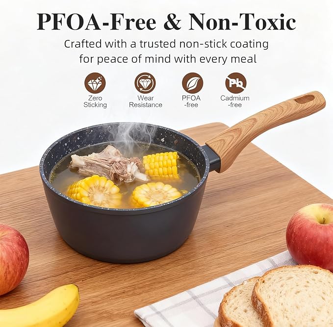 2-Piece Nonstick Cookware Set 8.5 Inch Frying Pan &amp 1.43QT Saucepan with Lid | PFAS &amp PFOA Free Non-Toxic Coating | Induction Compatible Dishwasher Safe | Pots and Pans Set for Beginner Kitc