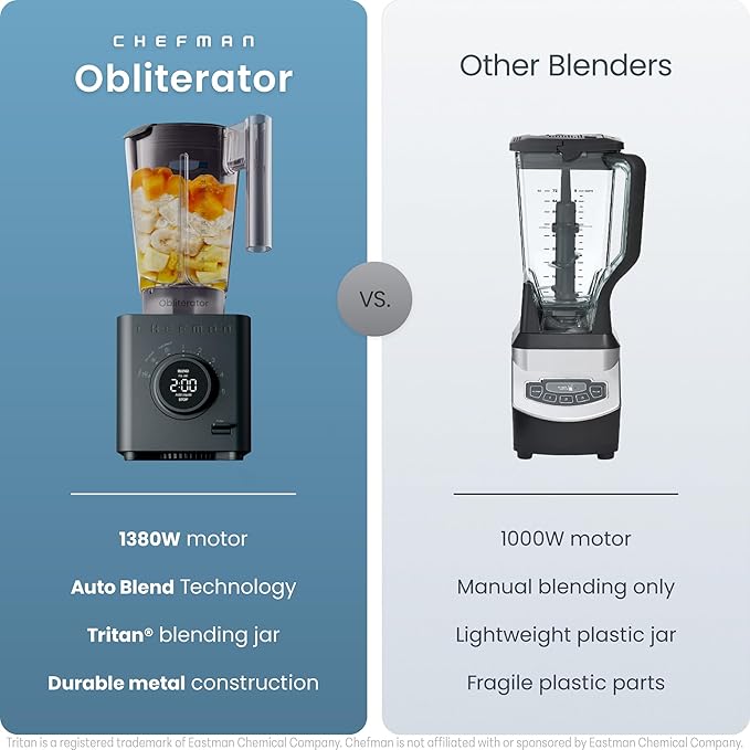 Chefman Obliterator 48 oz Countertop Blender for Smoothies 1380W Motor to Crush IceNuts &amp Frozen Fruit with Stainless Steel Blade Auto Blend Function Includes Tamper &amp Scraper-MIDNIGHT(Pack