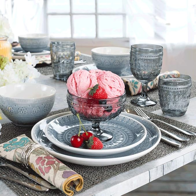 Euro Ceramica Fez 16 Piece Double Bowl Stoneware Mandala Pattern Design Dinnerware Set Service for 4 Grey