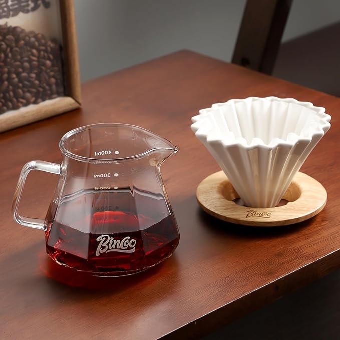 Bincoo 400ML Pour Over Coffee Maker Set with Filter PaperCeramic Pour Over Coffee Dripper 1-2 Cups-Professional Coffee Brewing Pot for Home Office(White)