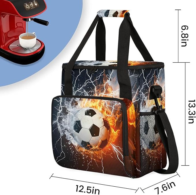 Soccer Ball Fire And Water Travel Coffee Maker Carrying Bag Large Organizer Storage Tote Bag Insulated Reusable Cooler Grocery Bags