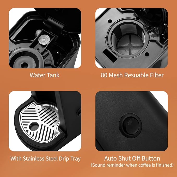 2 in 1 Single Serve Kcup Coffee Maker (6-14Oz) 800W Fast Brew Compact Design with Reusable Filter One-Button Auto Shut-Off Travel Mug Fit Compatible with K-Cup/Ground Coffee/Tea Black
