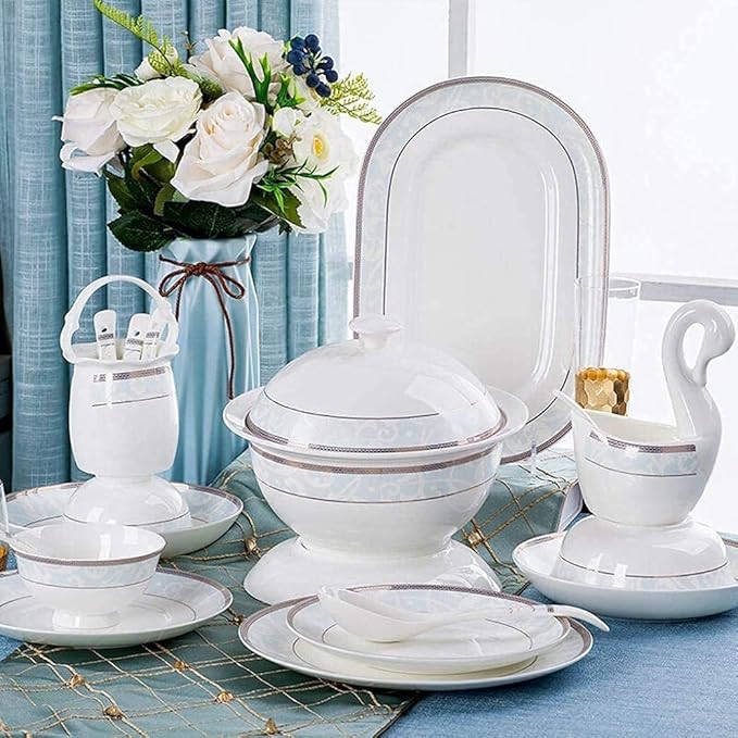 Elegant Dinner PlatesResistant Dinner Set58 Pieces Blue Pattern Ceramics Dinner Sets Plates Bowls Combination for Family Party