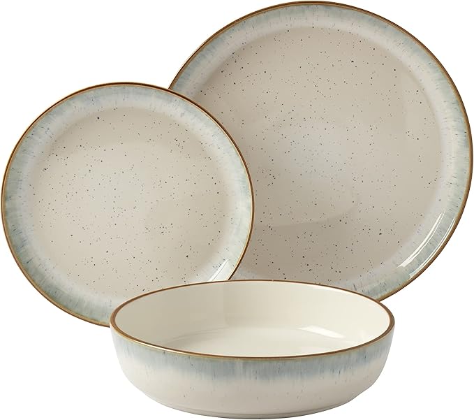 Tabletops Gallery Speckled Farmhouse Collection- Stoneware Dishes Service for 4 Dinner Salad Appetizer Dessert Plate Bowls 12 Piece Hanover Dinnerware Set in Teal