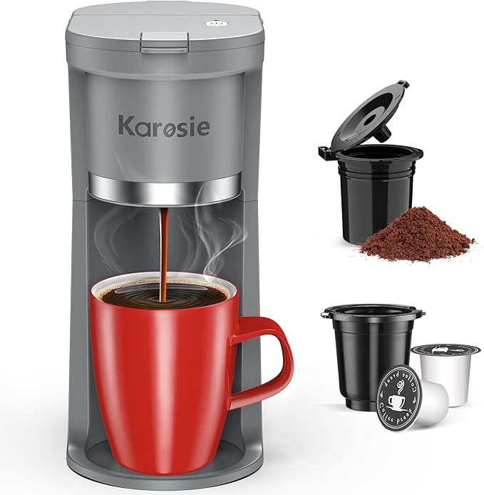 Small Single Serve Coffee Maker Fast Brew for K-Cup &amp Ground Coffee 6-12 Oz Brew Sizes One-Button Single Cup Coffee Maker Coffee Machine with Descaling ReminderGrey9.25 inches