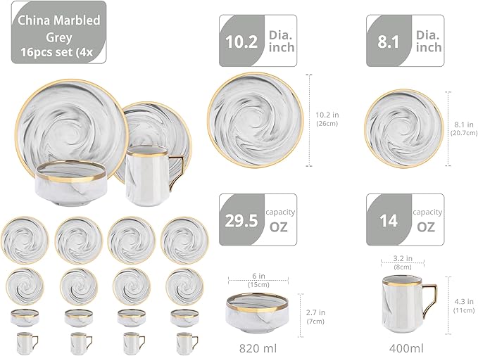 16 Piece Plates and Bowls Sets Fine China Artisan Marbled Dinner Set for 4 Dishwahser Safe Scratch Resistant Grey with Gold Line