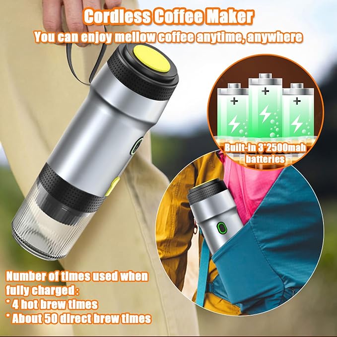 Portable Espresso Machine 3-in-1 Self-Heating Portable Coffee Maker for Travel with Rechargeable Battery Cordless Electric Mini Espresso Maker for RV Hiking Camping Office (Silver)