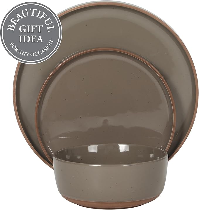 Gibson Elite Northrock Stoneware Dinnerware Set 12-Piece Service for 4 Plates and Bowls Set – Gray Dishes with Hand-Painted Terracotta Base
