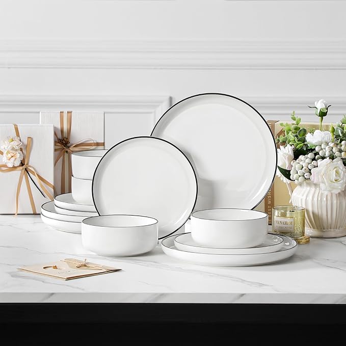MALACASA Plates and Bowls Sets 12 Pieces Modern Porcelain Dinnerware Set for 4 White Kitchen Dinner Dining Ware Set wtih Black Rim Ceramic Dishware Dishes Microwave and Dishwasher Safe Series LUNA