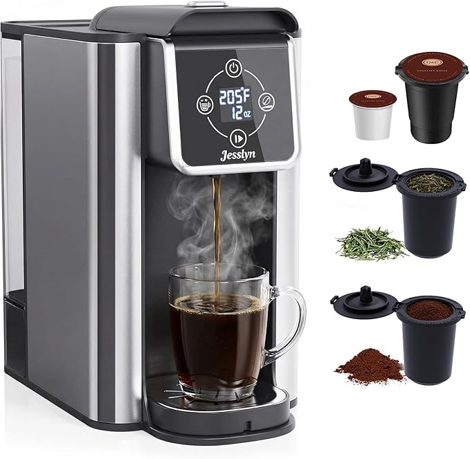 Jesslyn Single Serve Coffee Maker with Bold Setting 52oz Removable Water Tank Compatible with Coffee Pods &amp Grounds 6-14oz Adjustable Brew Sizes Includes Reusable Filter (Black)