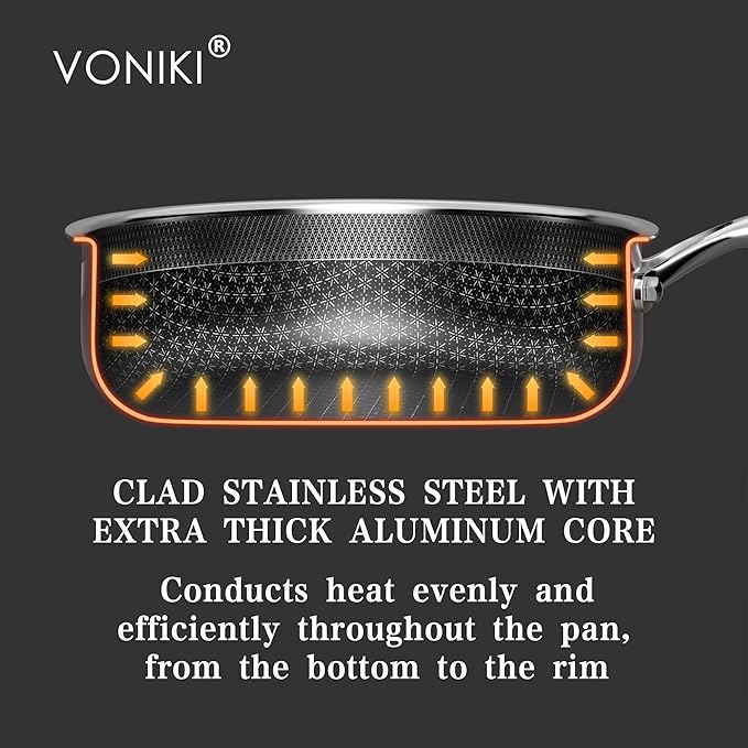 VONIKI Hybrid Tri-ply Stainless Steel Cookware Set Pots And Pans Set Non Stick with Steamer Basket Non Toxic Induction Cookware Kitchen Cookware Sets PFOA &amp PTFE Free Dishwasher and Oven Safe