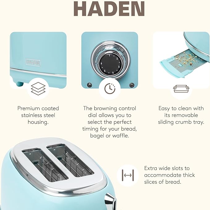 HADEN Heritage 12 Cup Programmable Vintage Retro Home Coffee Maker Machine with Heritage 2 Slice Wide Slot Stainless Steel Bread Toaster Turquoise