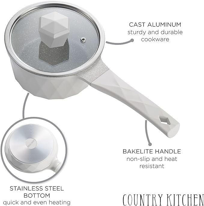 Country Kitchen Non-Stick Cast Aluminum Cookware Set - Durable Kitchen Cookware for Everyday Cooking Cream Diamond 11 Pc.