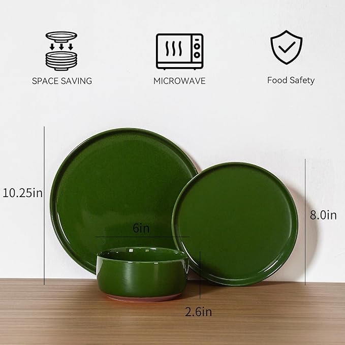 GZG Modern Art Series - 6 Pcs Speckled Stoneware Plates and Bowls Sets Ceramic Dinnerware Set with Rustic Terracotta Underside Microwave and Dishwasher Safe Handcrafted Dishes Set - Verdant Green