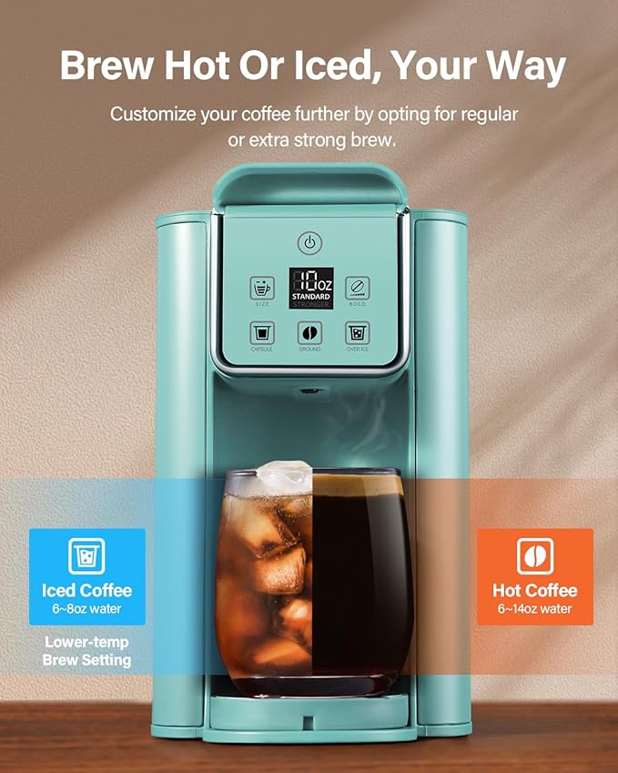 SHARDOR Single Serve Coffee Maker Hot and Iced Coffee Machine for K Cup Pods &amp Ground Coffee 6 to 14 oz Brew Sizes 50 oz Removable Water Tank Bold Brew Setting Blue