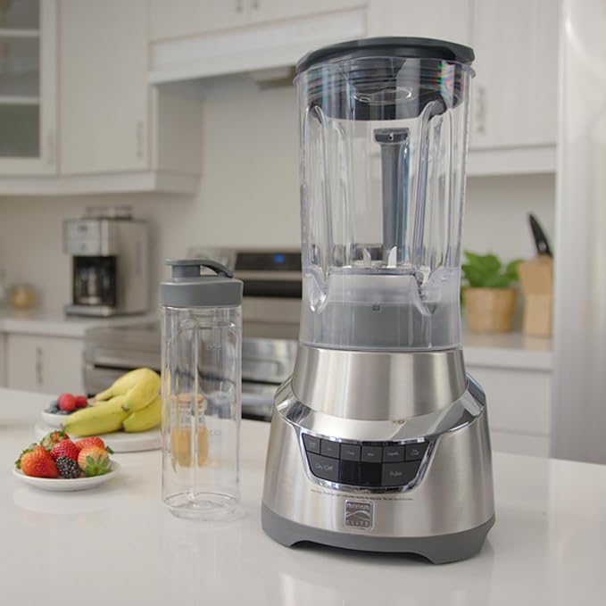 Kenmore Elite 1.3 HP 64 oz Blender With 20 oz Single-Serve Blending Cup Powerful Ice-Crushing Motor 8-Cup (1.9L) Tritan Pitcher 20 oz (600 mL) Travel Cup with To-Go Lid Grey and Stainless Steel