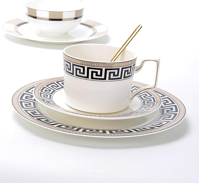 Black Gold Dinner Plates with Teacup and Saucer for 6 24 Pieces Premium Dinnerware Set Bone China Dishes Set for Kitchen Business Banquet Mother's Day Birthday