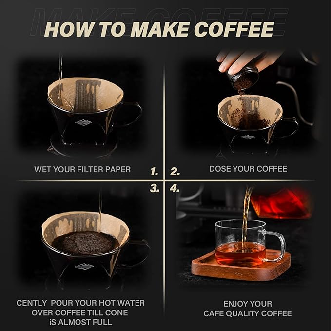 Pour Over Coffee Dripper Set by CrossCreek with Heat-resistance Black Cone Ceramic Dripper Glass Square Carafe 30PCS #2 Paper Filters 9917-C001-062
