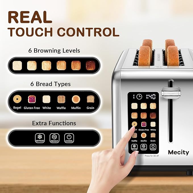 Mecity Touchscreen Toaster 2 Long Slots for 4 Slices Digital Bread &amp Browning Control Stainless Steel Slim Toaster with Bagel Gluten-Free Defrost &amp Reheat 120V 1400W