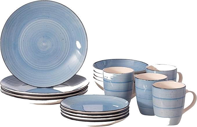 64-Pc Dinnerware Set for 16 Swirl Glazed Finish Includes Mugs Bowls Salad and Dinner Plates Chip Resistant Microwave Dishwasher and Oven Safe Blue