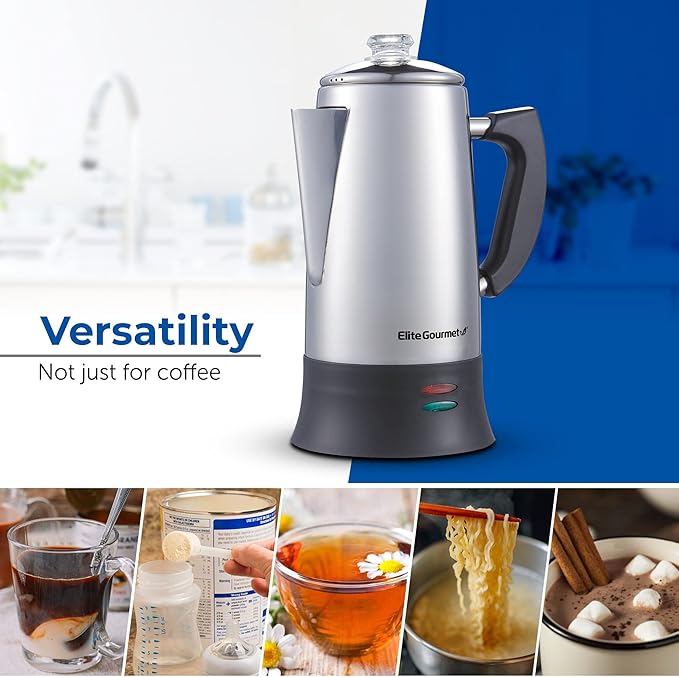 Elite Gourmet EC922 Electric Coffee Percolator BPA Free Keep Warm Glass Clear Brew Progress Knob Cool-Touch Handle Cordless Serve 12-Cup Stainless Steel