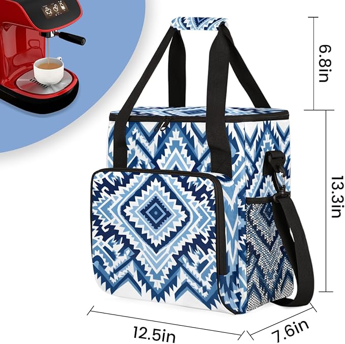 Boho Aztec Coffee Maker Carrying Bag Blue Stripe Travel Storage Bag Compatible with K-Mini or K-Mini Plus Single Serve Coffee Brewer Carrying Case with Multiple Pockets &amp Shoulder Strap