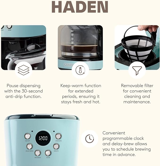 HADEN Heritage 12 Cup Programmable Vintage Retro Home Coffee Maker Machine with Heritage 2 Slice Wide Slot Stainless Steel Bread Toaster Turquoise