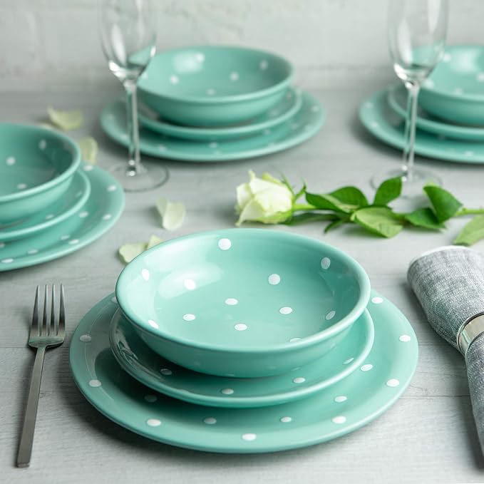 Handmade Teal Blue and White Polka Dot Ceramic 12 piece Dinnerware Set | Pottery Tableware Service for 4 | Dinner Plates | Side Plates | Bowls | Housewarming Gift by City to Cottage®