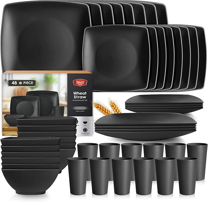 Teivio 48-piece Wheat Straw Square Dinnerware Set for 12 Unbreakable Dinner Plates Salad Plates Snack Bowls Tumblers 13.5 oz Dishwasher Safe Black