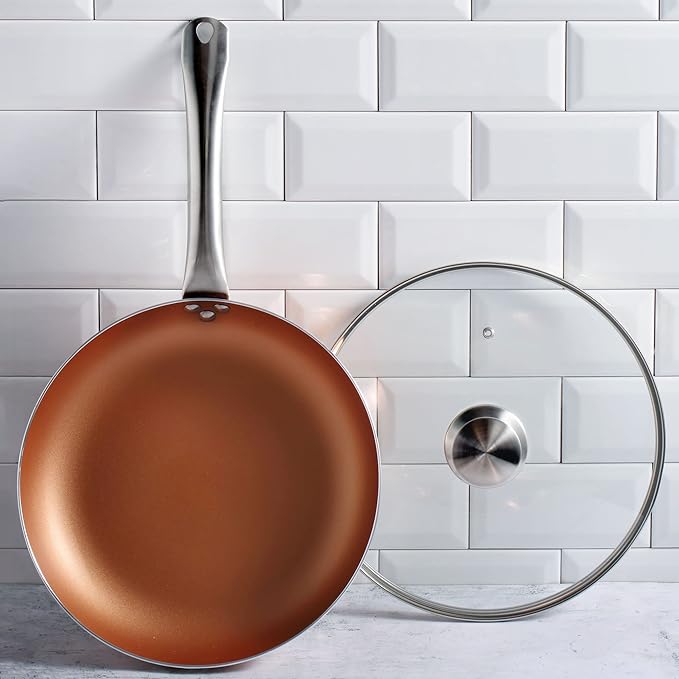 San Ignacio Optimum Cooper-Set of 5 Pieces: 3 Frying Pans 2 Lids-Copper Effect-20/24/28 cm - Non-Stick without PFOA-Induction and Gas Pressed Aluminium