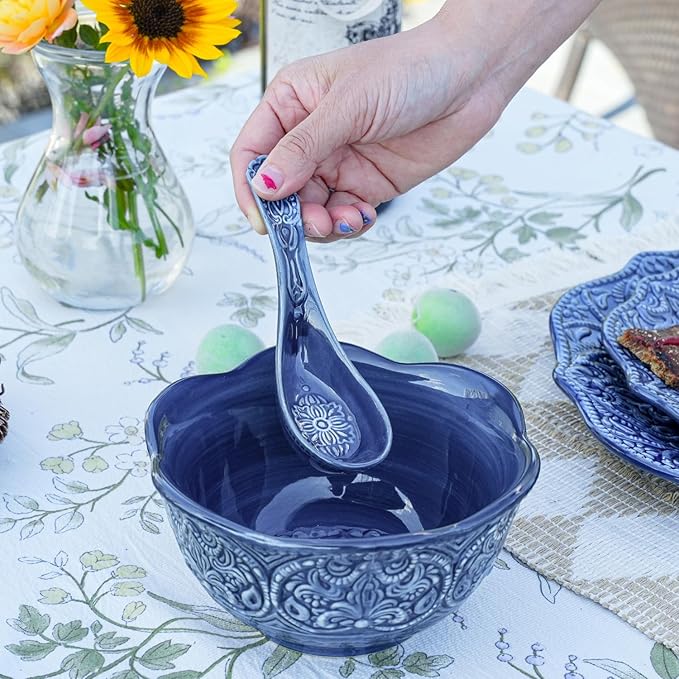 Sungmor Embossed Stoneware Fine Dining Dinnerware Antique Baroque Style Porcelain 5.5 Inch Soup Spoons Set of 4 Blue Ceramic Chinese Spoons Asian Style Spoon for Miso Soup Ramen Dumpling